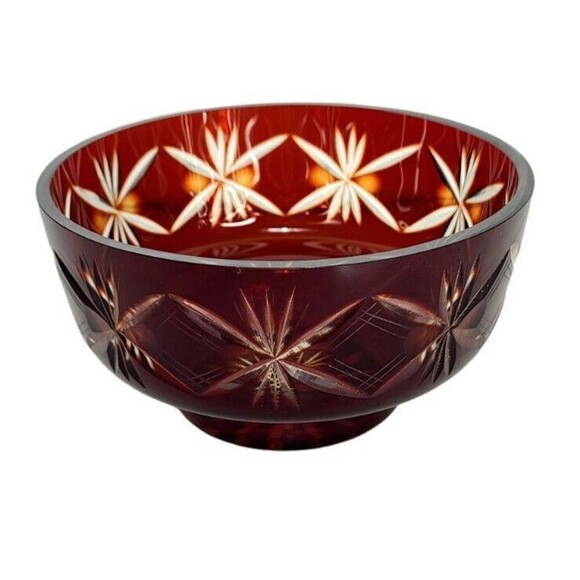 VTG Faberge Ruby Red To Clear Diamond Cut Crystal Starburst Atomic Pedestal Bowl - Picture 3 of 13